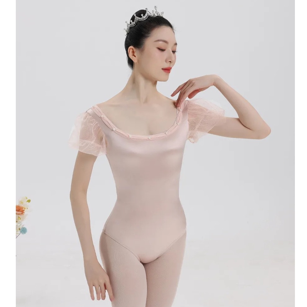 バレエレオタードコスチューム女性用フレンチスタイルメッシュパフスリーブビーズブローチ練習用ボディスーツトレーニング体操ダンスウェア