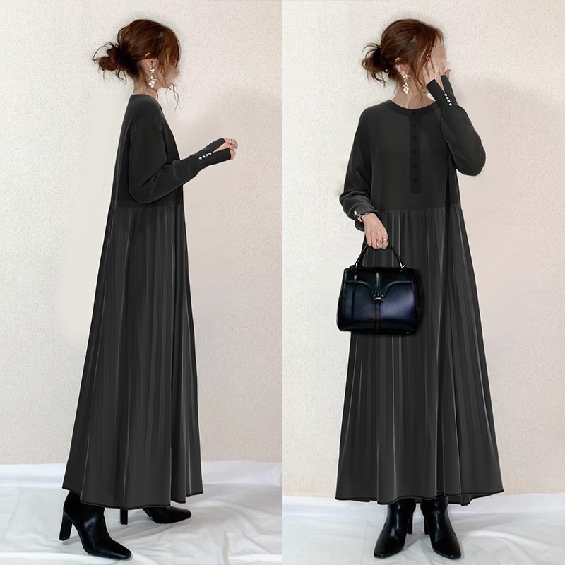 【ins超人気】 好感度UP シンプル スリット 配色 長袖 ラウンドネック プリーツ カジュアルワンピース レディース