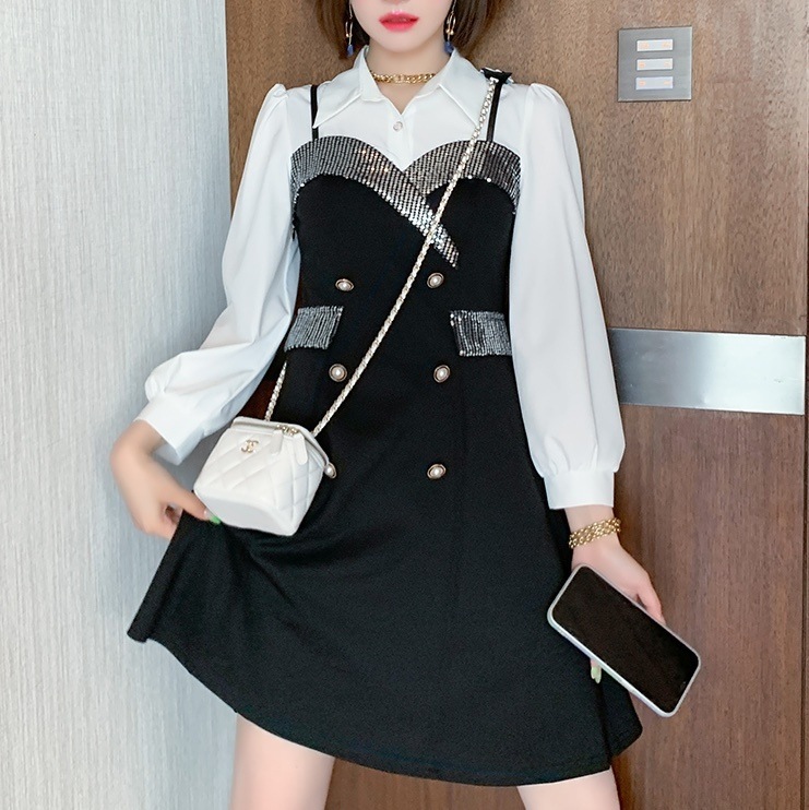 ワンピース ミニ ミニ丈 ショート ショート丈 袖あり 長袖 Vネック 襟付き フレア セミフレア 切り替えデザイン ドッキング スパンコール 異素材MIX かわいい 大人可愛い おしゃれ お洒落