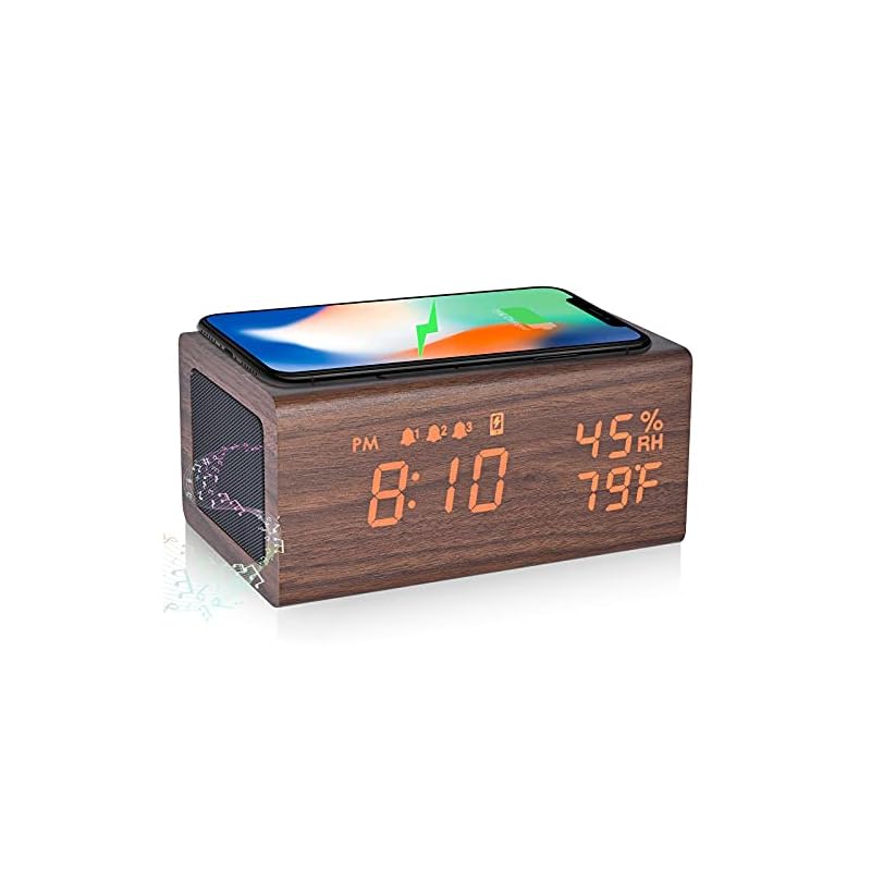 目覚まし時計 めざまし時計 スピーカー Bluetooth5.0 Qiワイヤレス充電器 3組アラーム 木目 置き時計 デジタル時計 卓上時計 湿度 温度計機能 年月日表示 メモリバッテリー付き 電波法