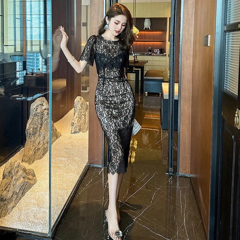 【JY.上品】 レース ワンピ レイヤード 偽2セット 夏 ドレス パーティー 着痩せ 大人 お呼ばれ