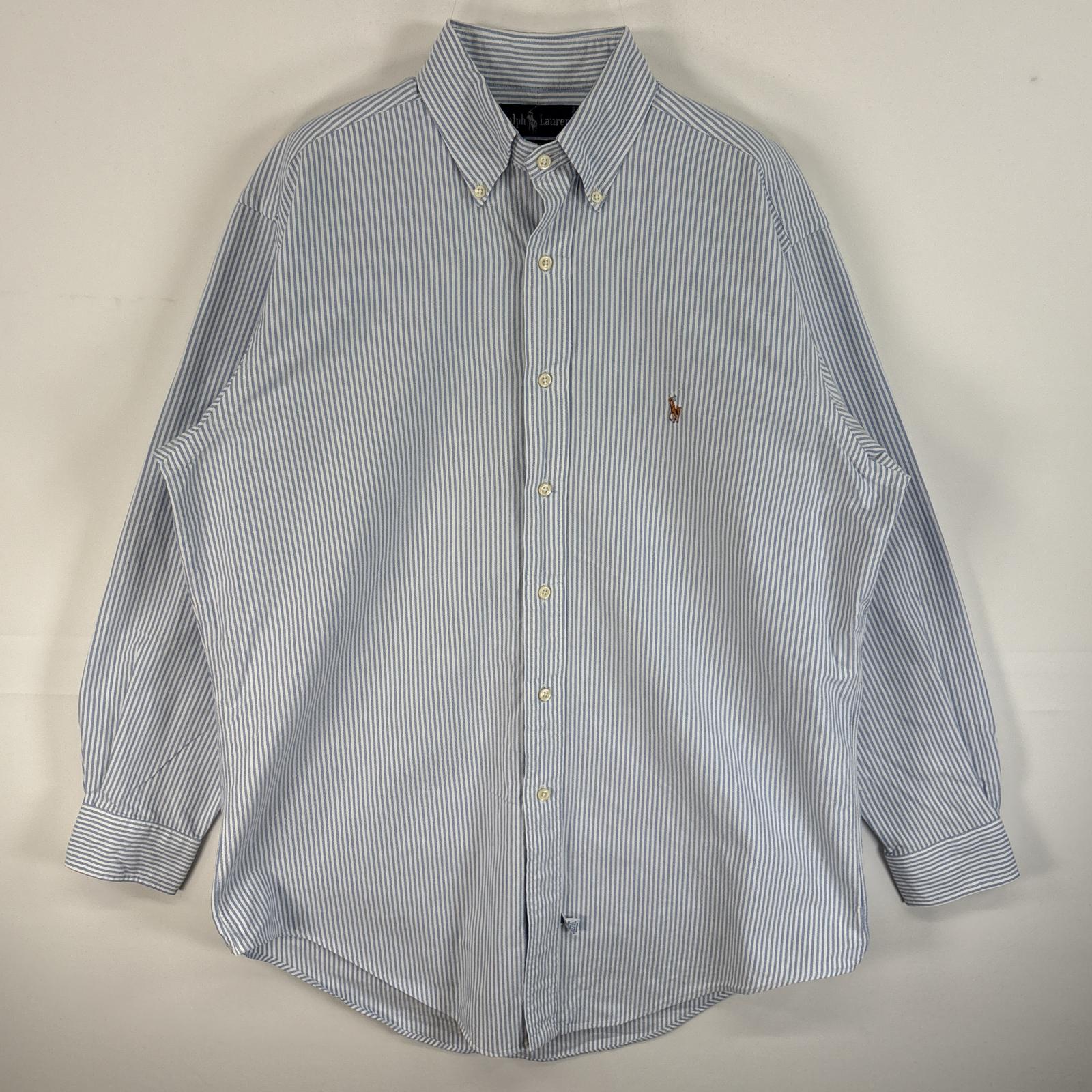 古着 長袖シャツ ロゴ 刺繍 ボタンダウンシャツ YARMOUTH 15-32 S-M 水色系 ストライプ メンズ