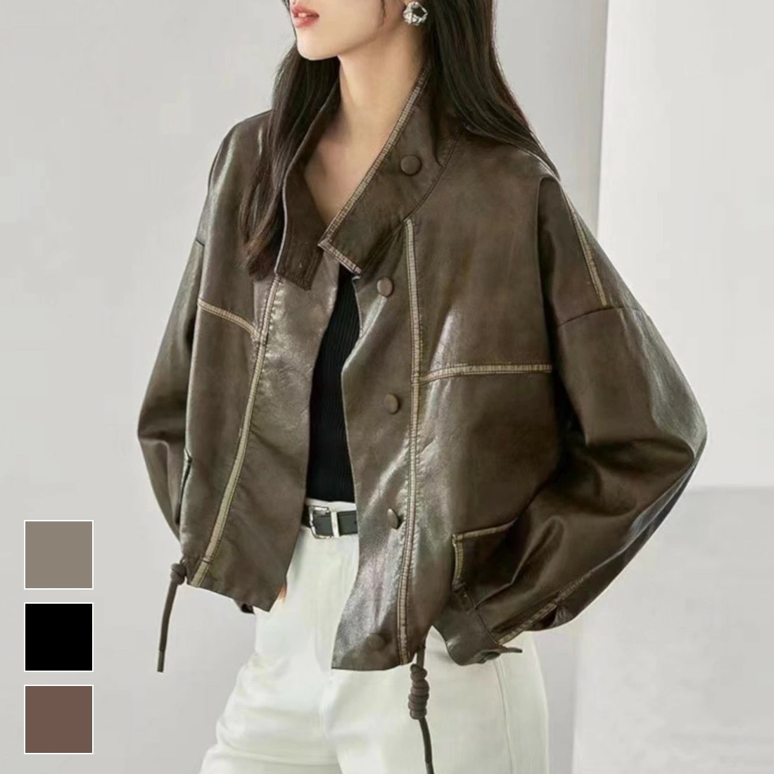 【新作】大人カジュアルもきちん感もある重宝するドロップショルダージャケット ボックス丈 スタンドカラージャケット アウター 夏先 夏 ロングシーズン 羽織 トップス 長袖 カジュアルコーデ オフィスコ