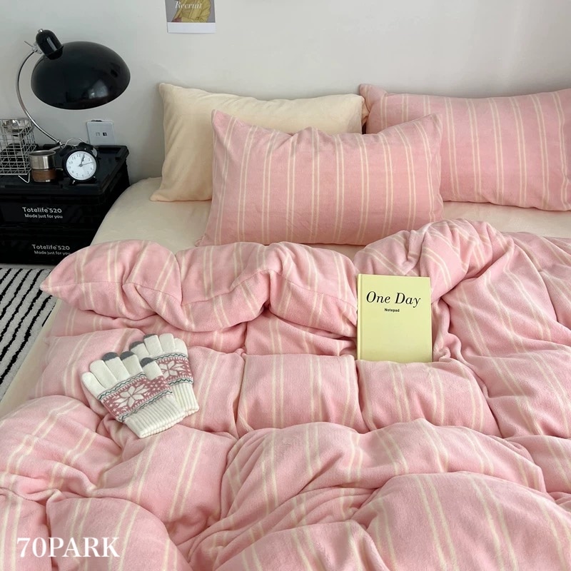 ピンク クリーム ダブル ストライプ 冬用 布団カバーセット 全3種 ベッドカバー オールシーズン シングル ダブル クイーン ベッドリネン おしゃれ 韓国インテリア 韓国っぽ 70PARK
