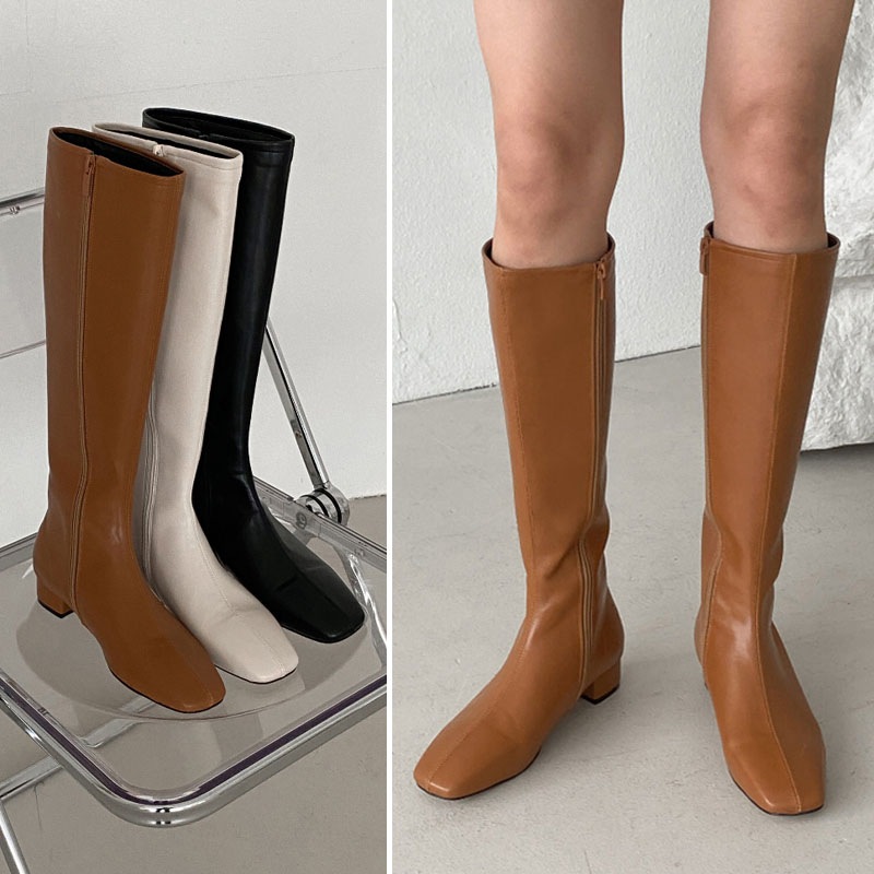 3color シンプル, ベーシックな雰囲気の 丸いスクエアトゥ ファスナー付きで履き脱ぎ楽ちん 無地 ローヒール デイリーロングブーツ