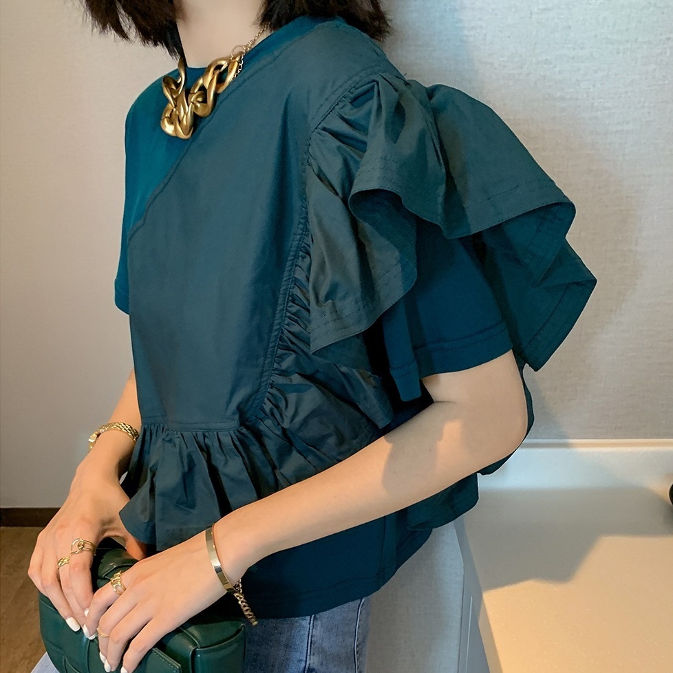 トップス レディース フリル袖 カットソー 個性的 春服 夏服 4色 半袖 ボリューム袖 フリル インスタ映え 高見え 格上げ 楽ちん 涼しい 無地 ブラック ホワイト グリーン ネイビー