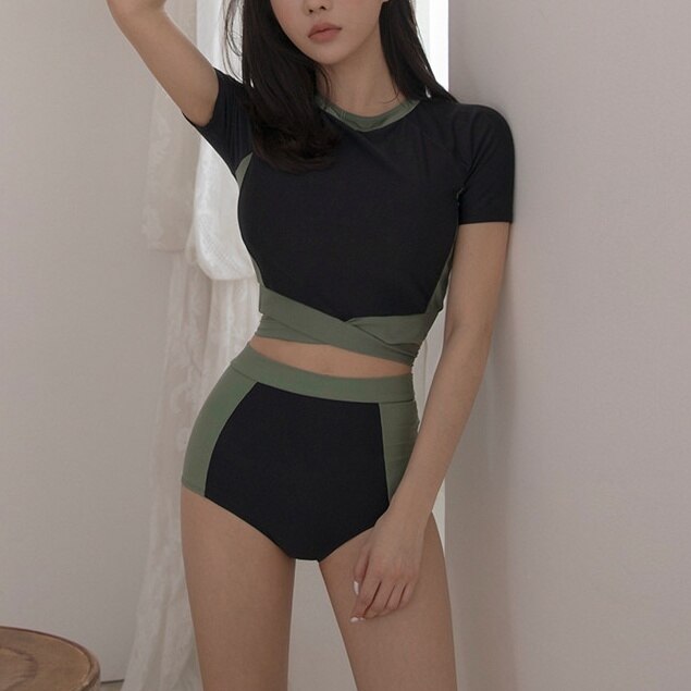 水着 フィットネス水着 体型カバー水着 ショートパンツ 体型カバー リボン ウエストリボン ハイウエスト 伸縮性 小胸 上下セット きれいめ スポーティー シンプル カ