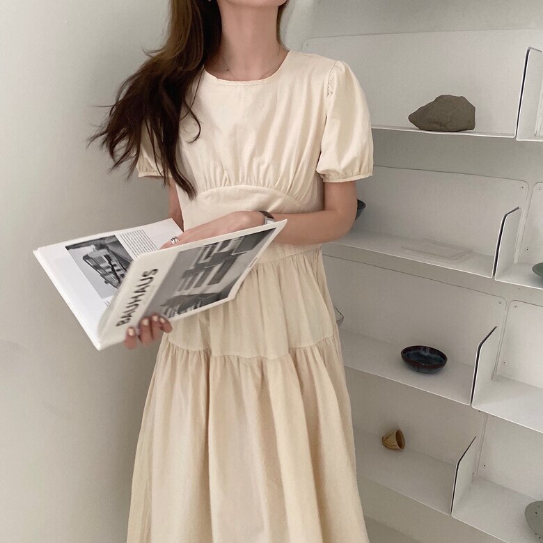 3色 ワンピース 半袖 春夏 きれいめ かわいい ロング aライン Aライン フレア ワンピドレス フレアスカート ロング ロング丈 五分袖 ボリューム袖 ボリュームスリーブ パフスリーブ ラウンドネ