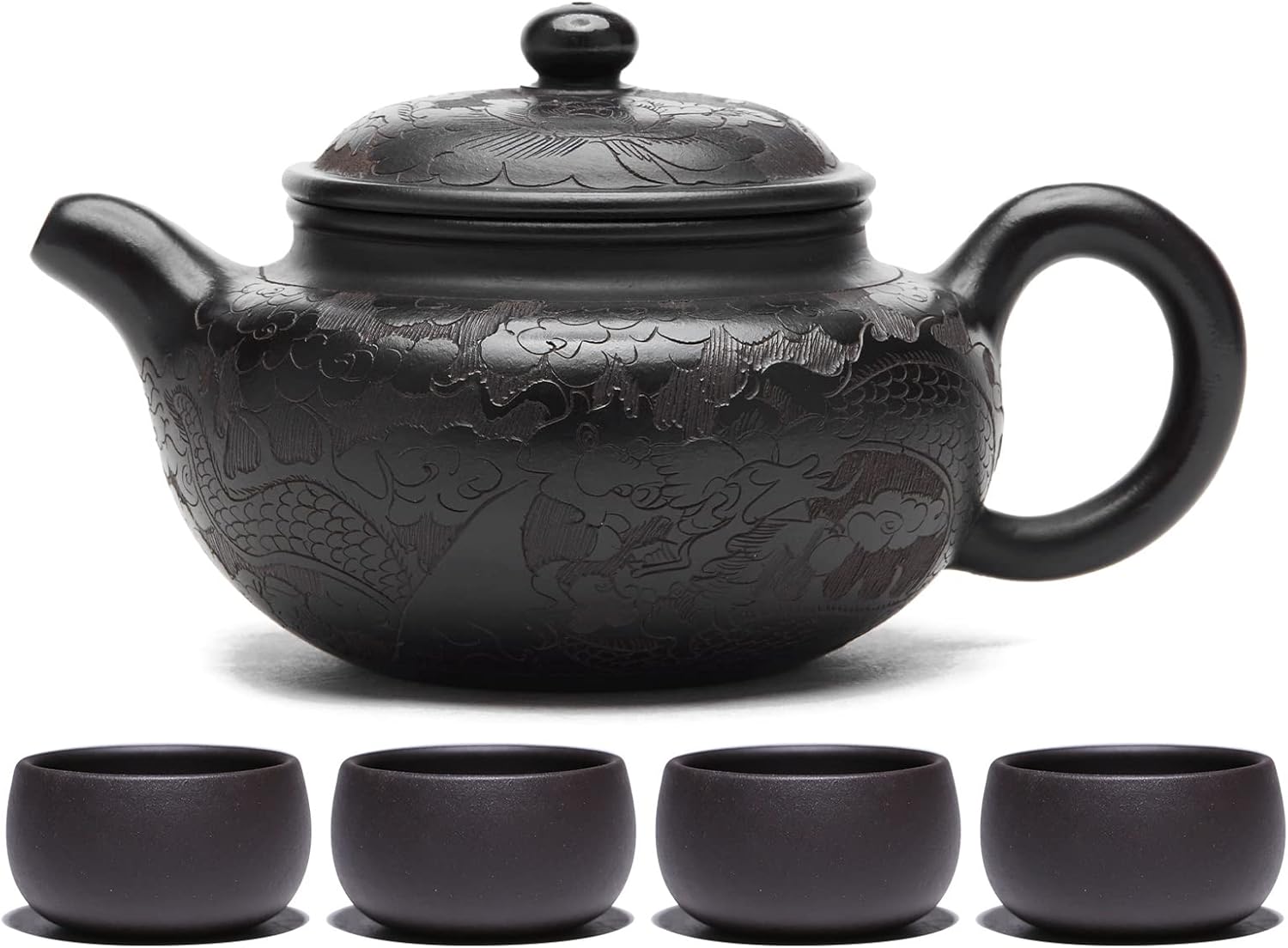 ポカロティー 黒泥龍紋紫砂急須 陶器急須手作り 職人謹製 お茶の味をまろやかにする 紫砂急須１個と紫砂湯呑み茶碗4点 茶器セット 陶器 陶土素材 生鉱石手作り茶器 200ml 茶器 茶具 中国茶器 宜