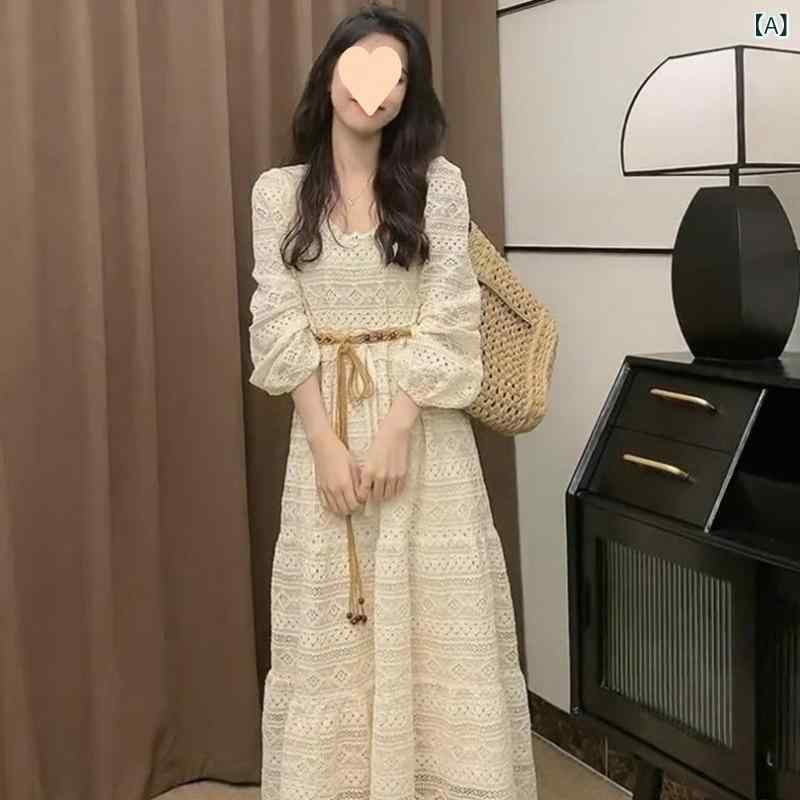 新規発売（人気）ワンピース レディース 春 フレンチスタイル ソフト レトロ 高級感 小柄向け ウエスト切り替え スリム スタイリッシュ 透けレース ロング丈 フェミニン 普段使い