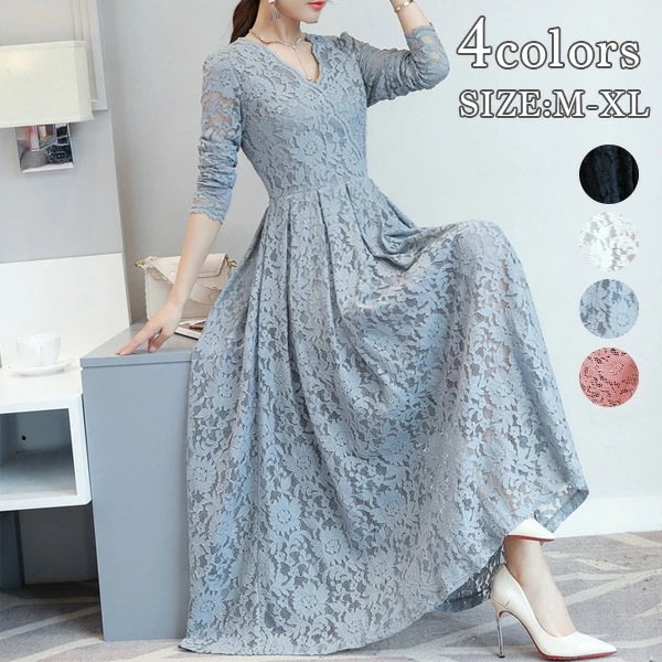 エレガント ワンピース　4color 総レース ワンピース　レディース　 フェミニン パーティー 二次会 フォーマル 長袖 レディース 送料無料