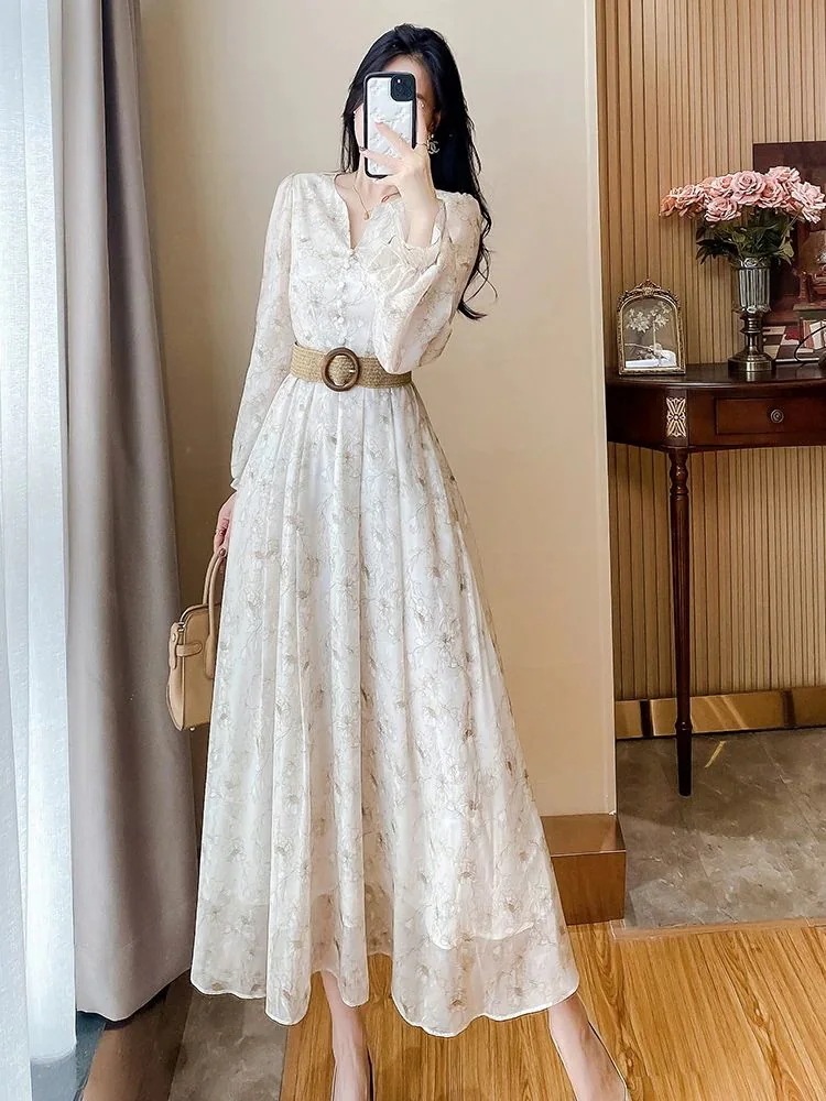 ワンピース 軽やかで贅沢なハイエンド花柄シフォンワンピース24早ハイウエストスリムスリムロングスカート ドレス レディース