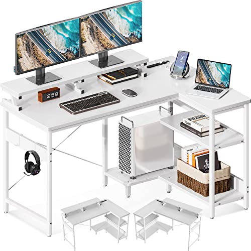 省スペースL字型パソコンデスク 幅120cm コンセント・ラック付き