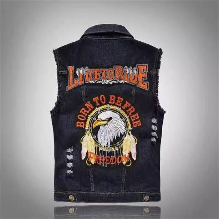 メンズデニムベスト 袖なし お兄系デニムジャケット Gジャン チョッキ ライダース ダメージ加工