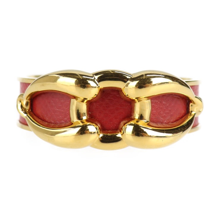 美品 HERMES エルメス バングル - カフブレス レザー メタル レッド ゴールド ホースビット ブレスレット ゴールド金具 本物保証 中古
