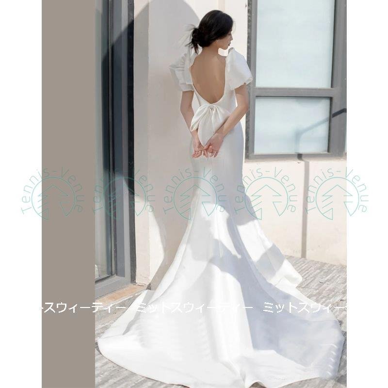 ウェディングドレス ロングドレス バックレス トレーン 結婚式 ウエディングドレス 二次会 花嫁 前
