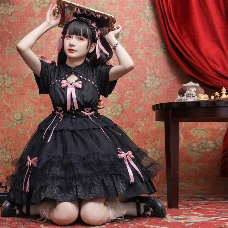 ロリータワンピース コスプレ レディース リボン ロリータ 袖付き 膝丈 小柄 可愛い 仮装 lolita ゴスロリ 白 仮装 パーティ イベント ロリィタファッション フリル 着せ 小柄 可愛い