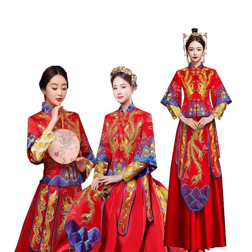 中華ウエディングドレス　中国古典チャイナ服　中華衣装上下二点セットアップ　赤　鳳刺しゅう　超豪華チャイナ風舞台ステージ服　チャイナドレス　花嫁ドレス30%までに制限