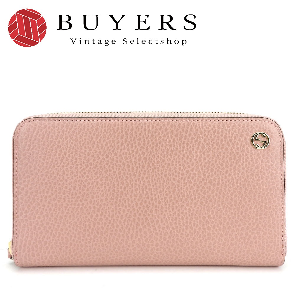 中古 長財布 449347 インターロッキング レザー ピンク ゴールド金具 ラウンドファスナー ジッピー 小物 レディース 女性