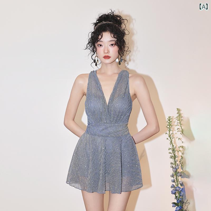 レディース 水着 ワンピース シンプル フレアスカート Vネックカット 無地 光沢ラメ感 ブラック グレー 体系カバー バックレス ネックフォルダ ウエストヒップカバー ナイロンポリエステル リゾート