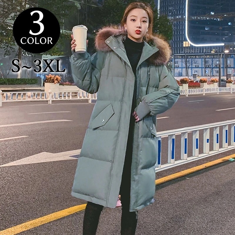 中綿入りコート ダウン風 膝丈 レディース アウター 無地 ロング丈 長袖 フード付き フェイクフ