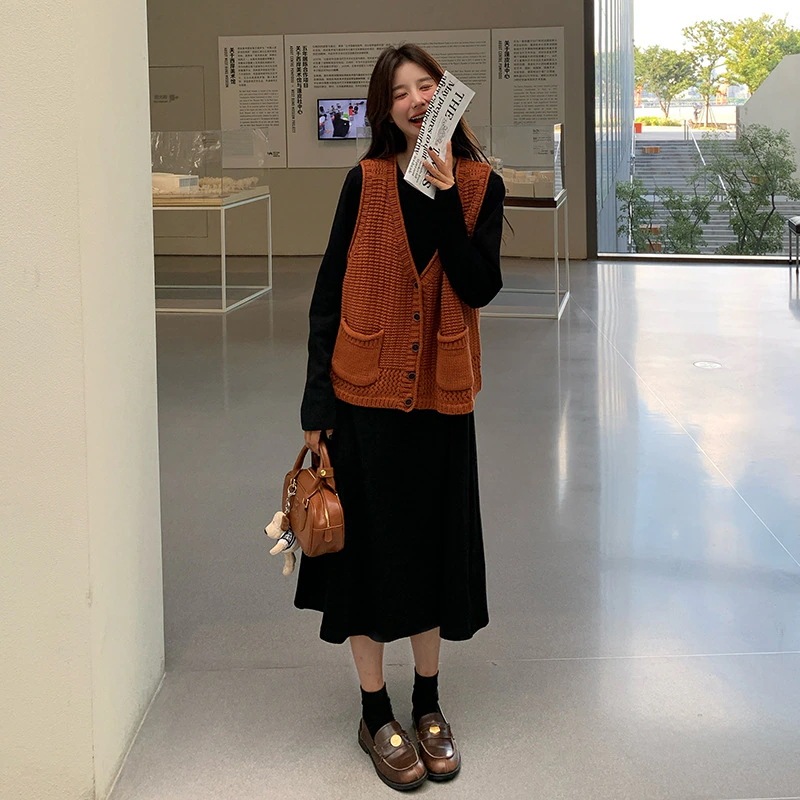 フレンチニットウエストコートワンピースセット2024新時代の気質スモールロングワンピース2点セット