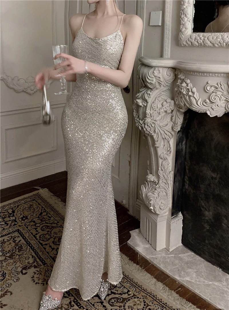 レディース服 正式な場合礼装 ワンピース ドレス流光銀色スパンコールパーティードレススカートフィッシュテイルスカートキャミソールワンピース レディース