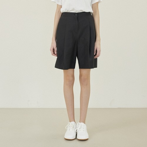 Linen Bemuda Banding Half Pants [BLACK]