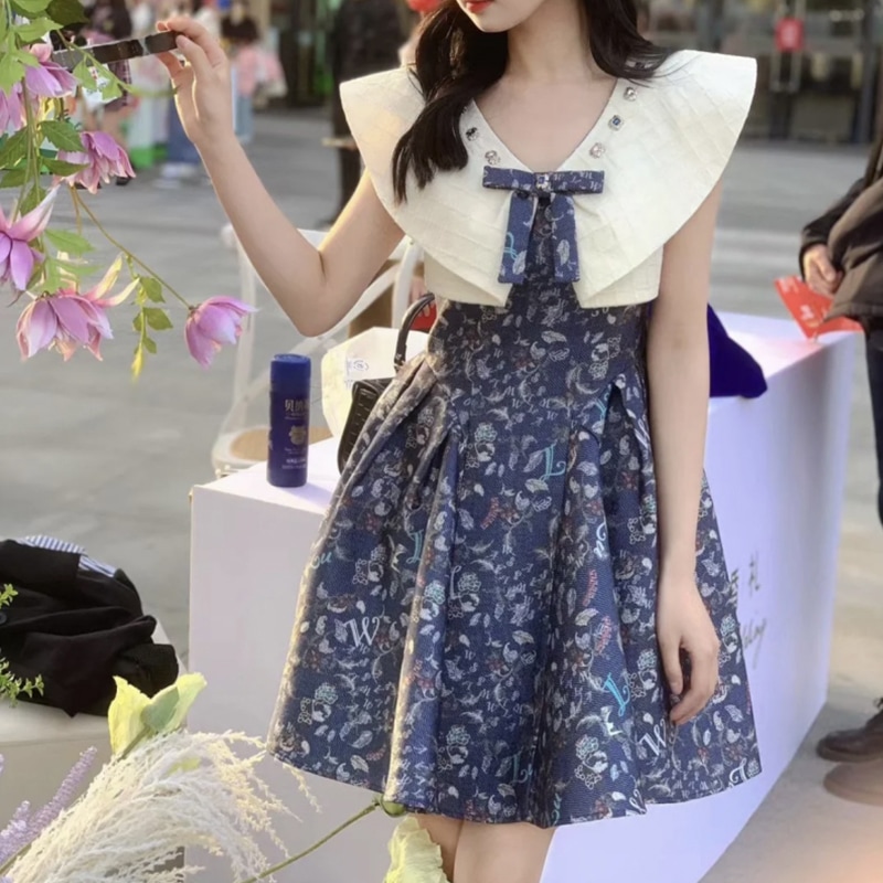 お嬢様 リボン本 ラインストーン付き 花柄 タイトワンピース 7,133円
