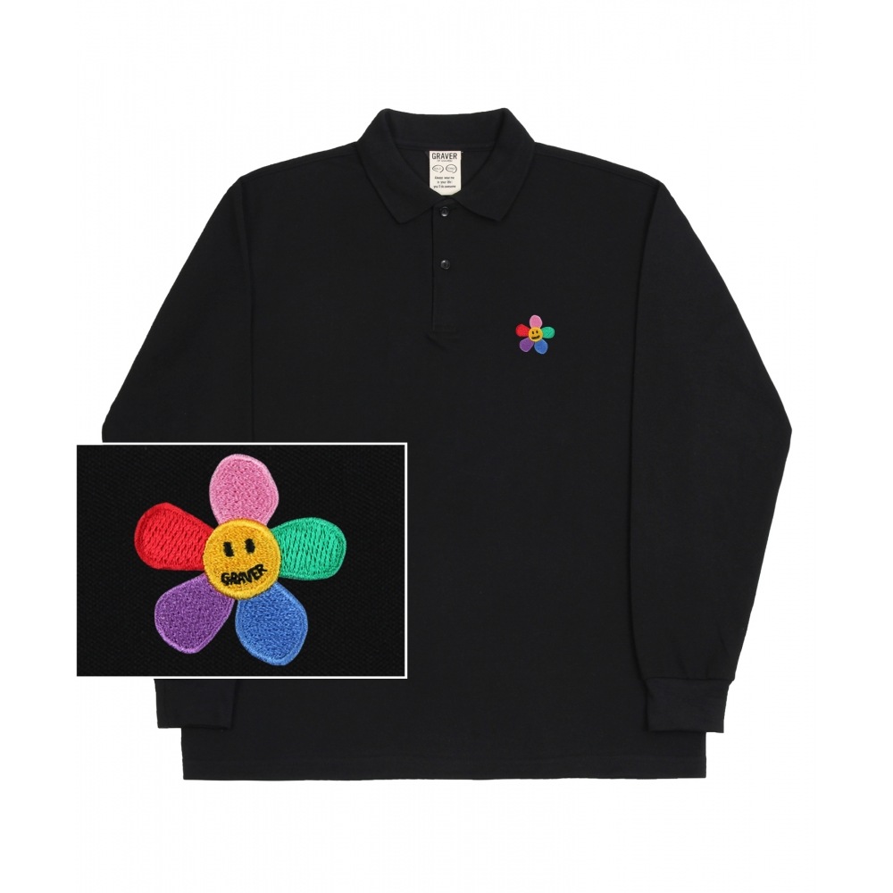 GRAVER [UNISEX]レインボーフラワードット刺繍ピケイカラロングスリーブ_ブラック