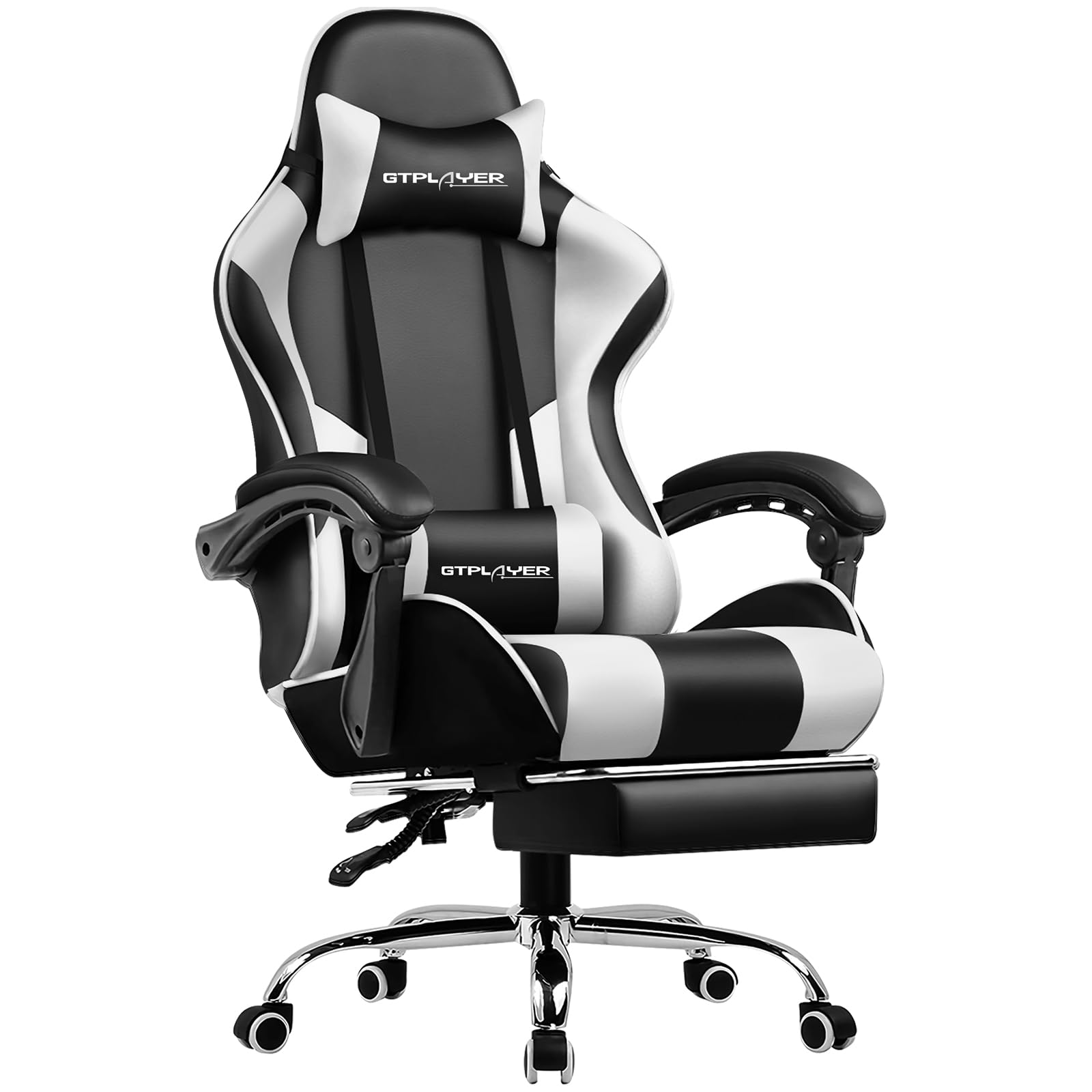 GTRacing ゲーミングチェア オットマン付き デスクチェア pcチェア 椅子 140リクライニング イス テレワーク ゲームチェア ハイバック ヘッドレスト ひじ掛け付き PUレザー 気孔付き