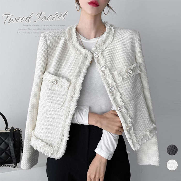 ツイードジャケット ジャケット レディース 春秋 フォーマル ショート丈 カジュアル ノーカラージャケット ノーカラー アウター ママスーツ 飾りボタン付き 春 秋 パーティー 入学式 お宮参り 入学