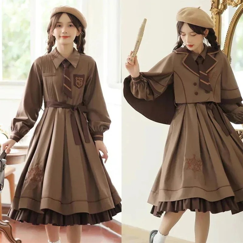 [現品/品質良し/数量限定]韓国/クリスマスコフレ/サンタコスプレ/コスプレレトロワンピース/lolia/学院風/制服/長袖/可愛い/マント/復古/タイ/スーツ風二点セット