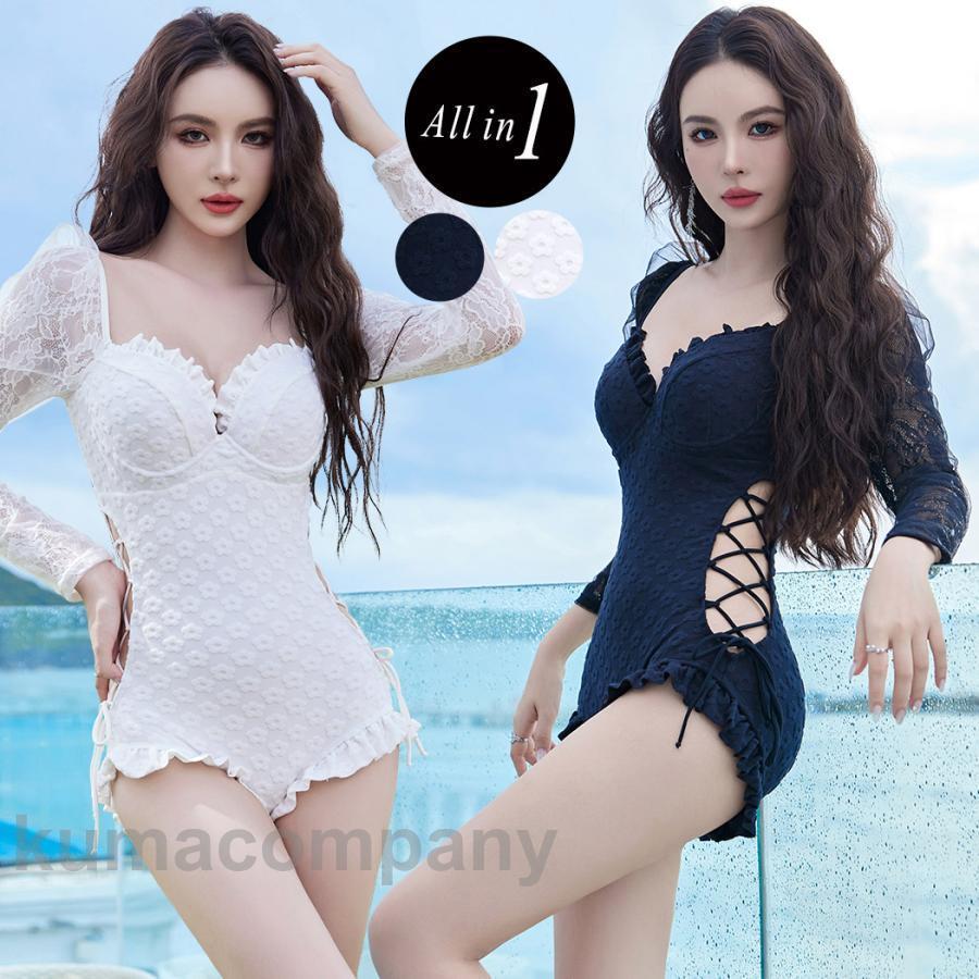 夏 水着 レディース ワンピース オールインワン 体型カバー 長袖 花柄 レース オーガンジー おしゃれ かわいい 黒 白