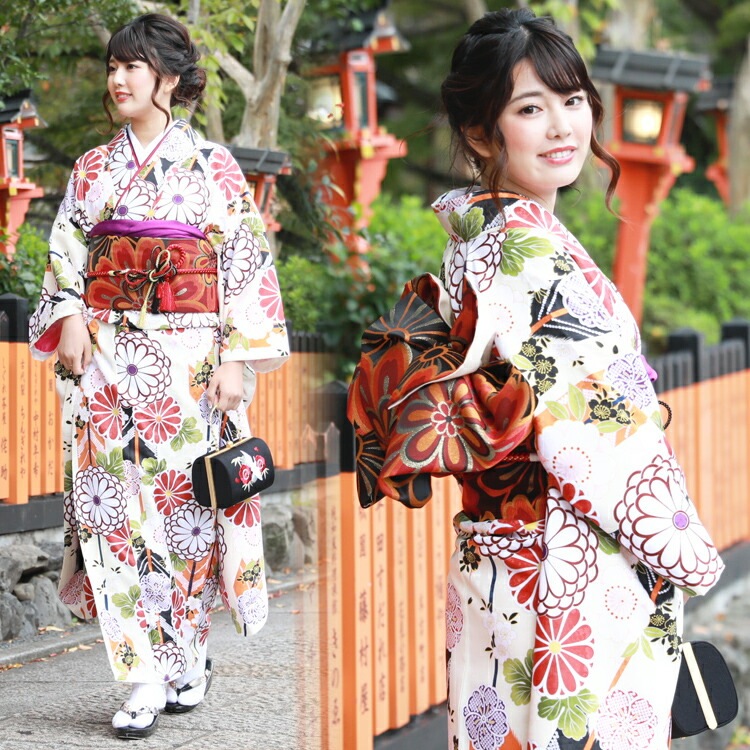 レンタル最大20日間当店オリジナル 成人式 振袖 レンタル 20点フルセット 派手クリーム地に菊と矢羽根 成人式 結婚式 フォーマル 15,124円