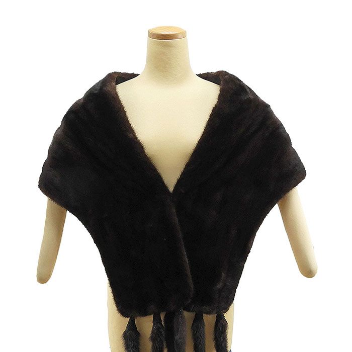 ショール ミンク 毛皮 ストール リアルファー ショール しっぽ付き ブラックブラウン 着物にも洋服にも リサイクル u0157