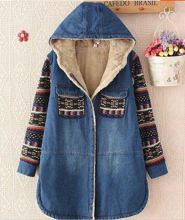 デニムコート ロングデニムジャケット 中綿入り暖かいデニムコート 厚手裏起毛防寒ダウンコート Aラインブルゾンデニムジャンパー 民族森ガール風モッズコート