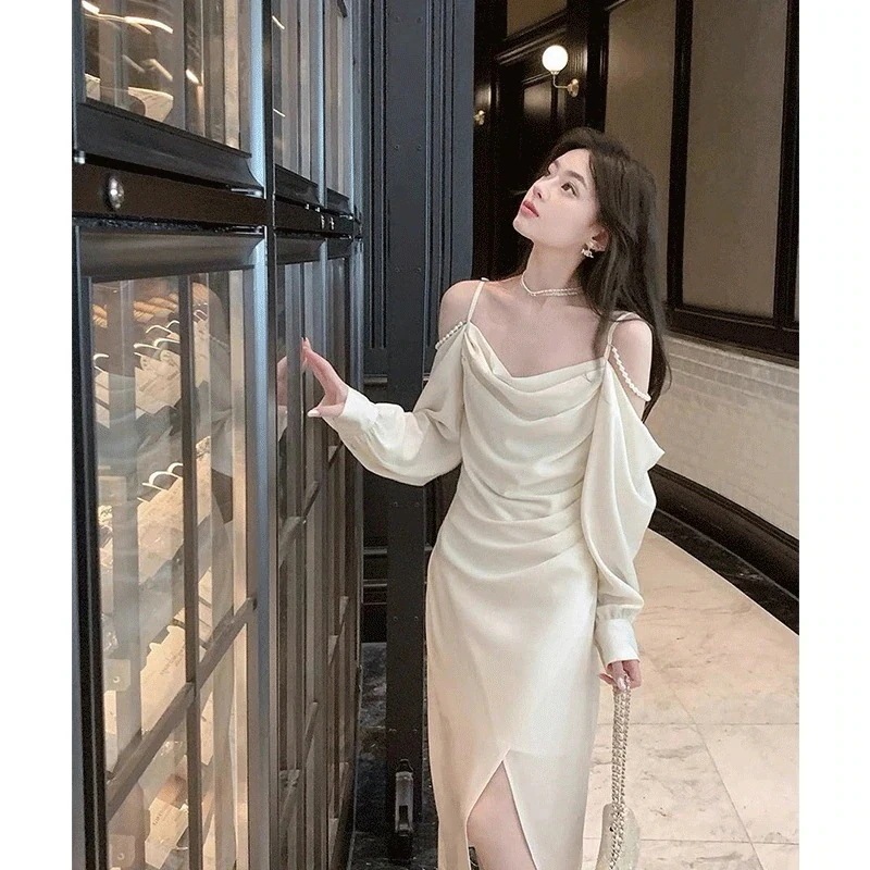 作上品雰囲気サテンアプリコット色ストラップレスホルタードレススリムスキニースプリットロングドレス発表会卒業式成人式パーティードレス30%までに制限