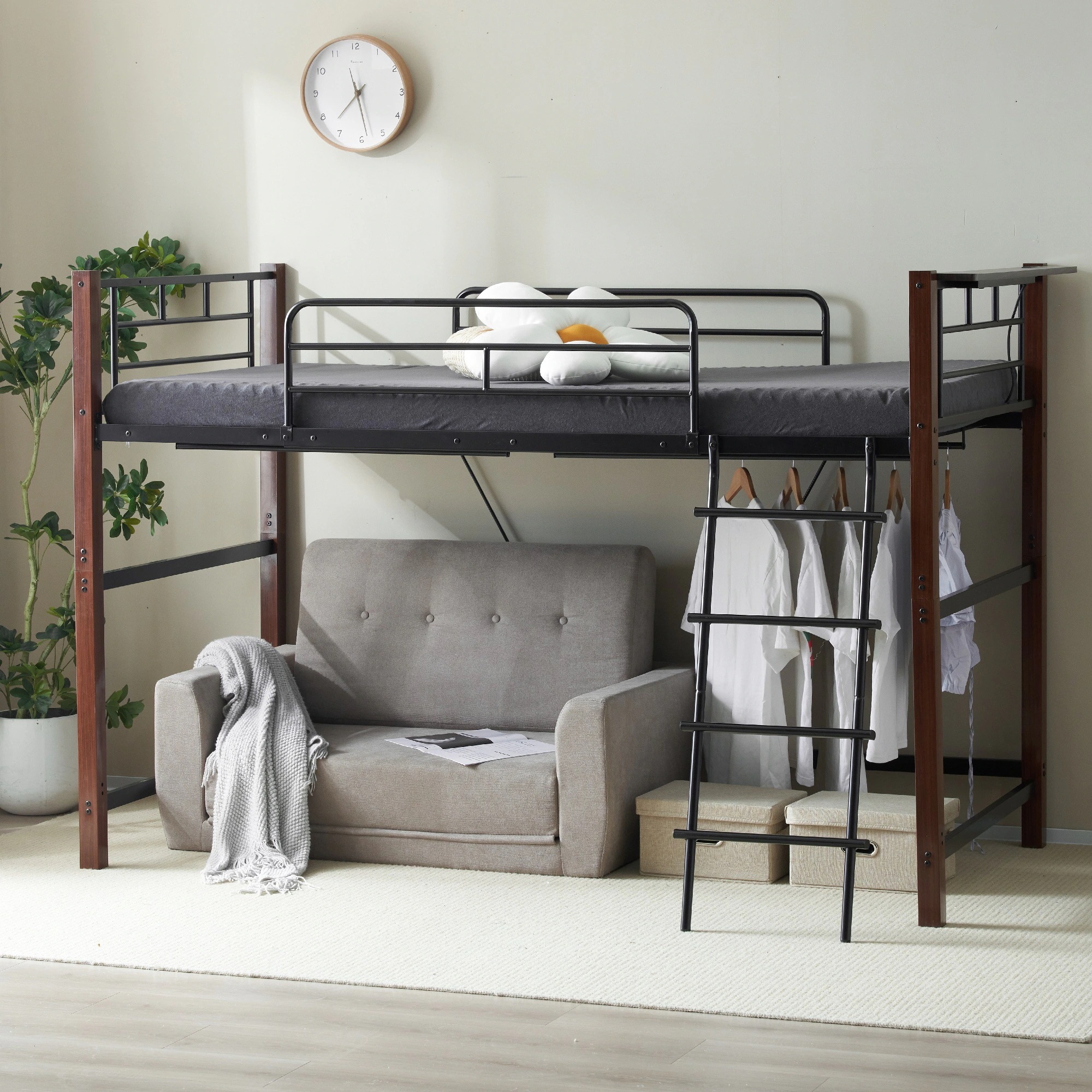 【大好評！最安値挑戦!】ロフトベッド パイプベッド シングル 耐荷重150kg 高さ140cm システムベッド ロータイプ ミドルタイプ 棚 収納 北欧風 大人 一人暮らし ハンガーポール4本付属 ス