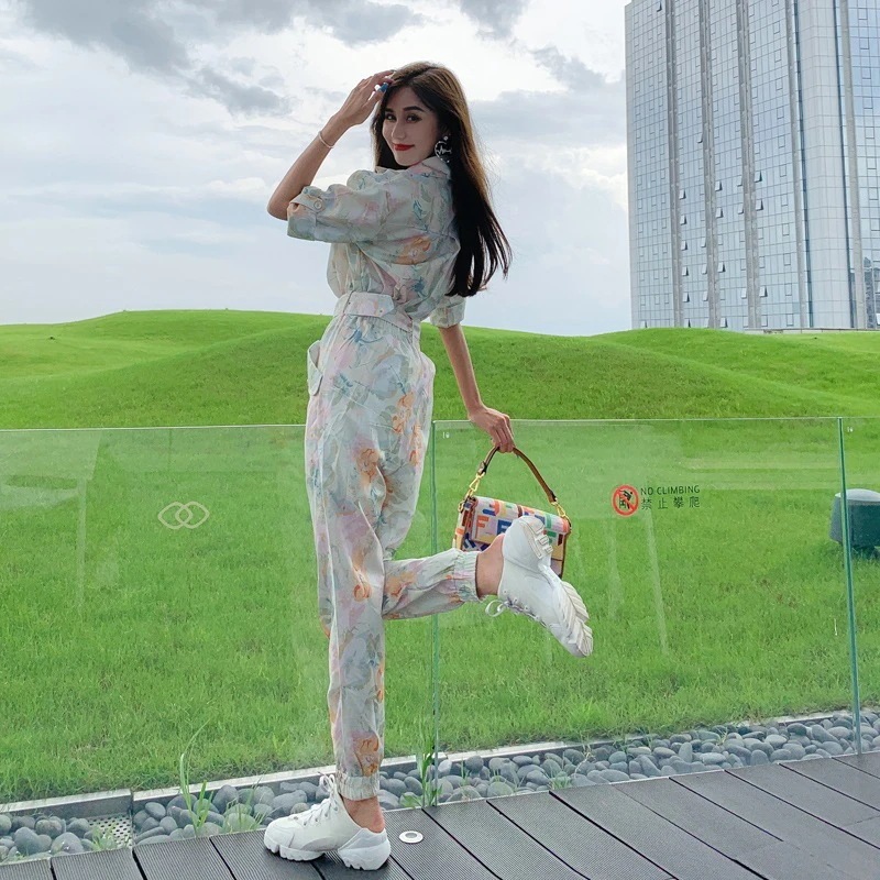 【Fellow 20％割】【JY.上品】 夏 上下セット カーゴパンツ 花柄 セットアップ ベルト付き レディース カジュアル セット30%までに制限