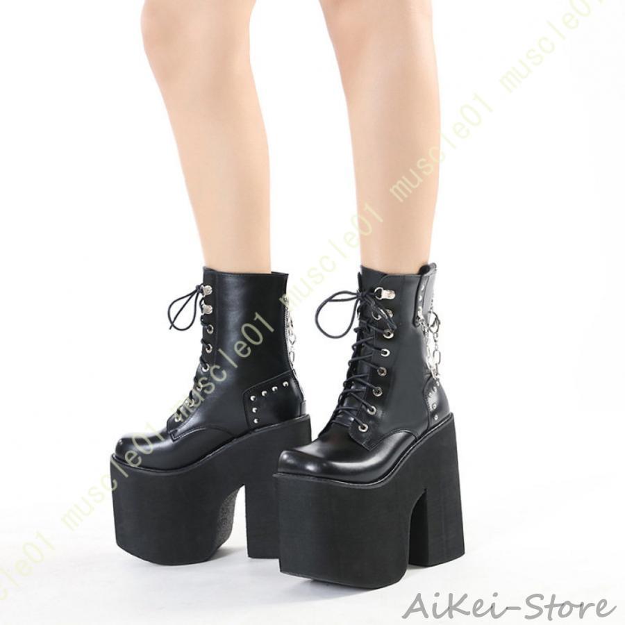 レディース ショートブーツ 厚底 黒 太ヒール レースアップ バックファスナー チェーン付き 編み上げブーツ 滑り止め 歩きやすい レザー 秋冬 厚底ブーツ