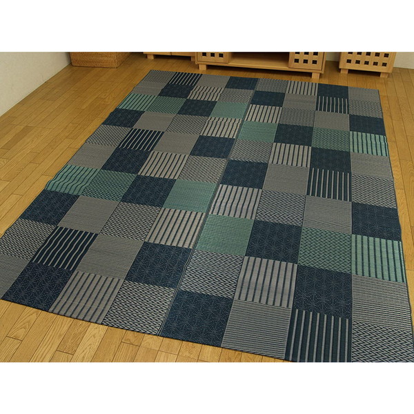 1050110043604 純国産 袋織い草ラグカーペット 京刺子 ブルー 約191×191cm メーカー直送