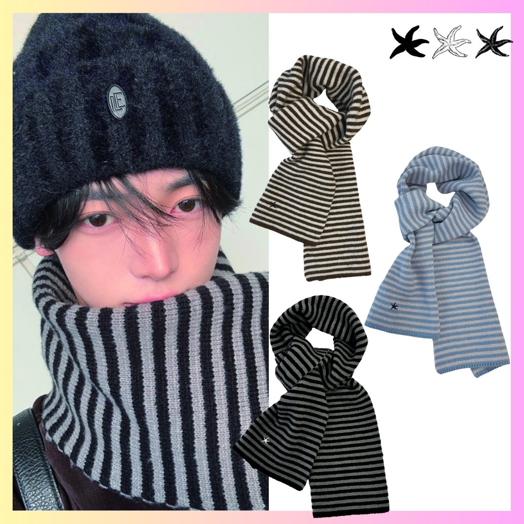 [TWS ハンジン着用] TCM mini logo stripe muffler 3カラー + FREE OMAKE 韓国ファッション レディースレディースマフラーワインレッドチェック大判ブランド
