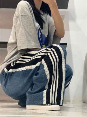 ワイド ライン レース デニムバンディングパンツ / ラブリー ヒップ 配色 ポケット フリル ポイント パンツ y2k トレンディ ワイド バンディングパンツ ジーンズ カジュアル トレーニング ス