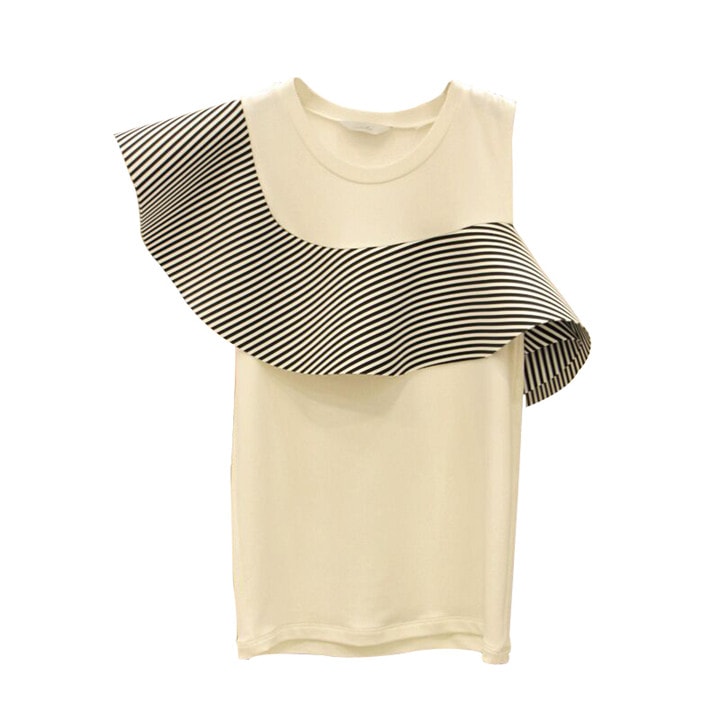 個性的なデザイン 夏 ストライプ フリル 縫付 オフショルダー Tシャツ 女性 半袖 2019 新着 イレギュラー 学生 トップス エレガント 小さい新鮮な カジュアル 百掛け カレッジ風 上