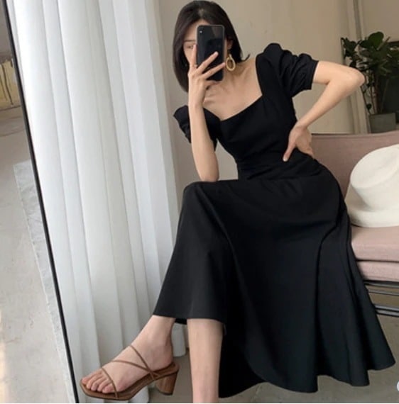 レトロ エレガント シンプル ワンピース ワンピドレス ミモレ ミモレ丈 ミディアム丈 ミドル ミドル丈 袖あり 半袖 パフスリーブ 萌袖 スクエアネック 襟なし Aライン ハイウエスト ふんわり