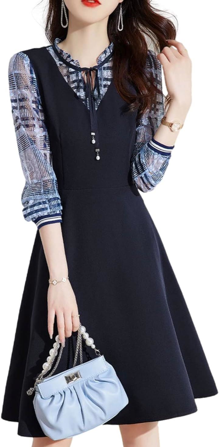 ワンピース チェック柄 シースルー 切り替えワンピース 膝丈 長袖 春 夏 レディース Ms( ネイビー, M)