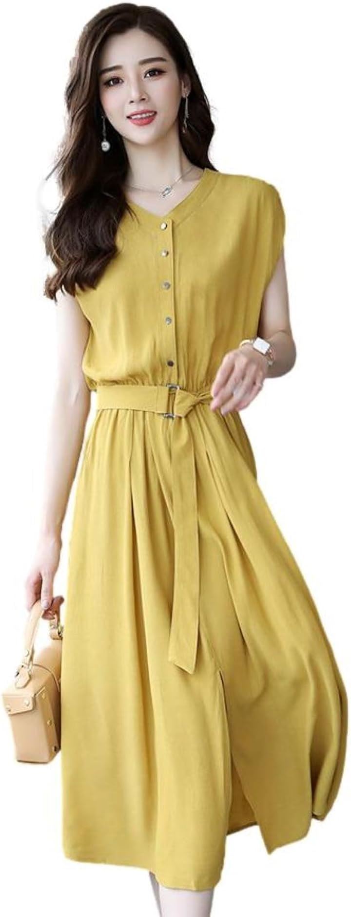 ワンピース レディース Aライン ミモレ丈 ウエストベルト シフォン フレンチスリーブ ノーカラー BB003(マスタード, 2XL)