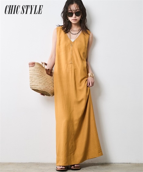 ロング・マキシ丈/半袖 レーヨン麻Vネックロングワンピース 大きいサイズ有 シックスタイル 8,219円