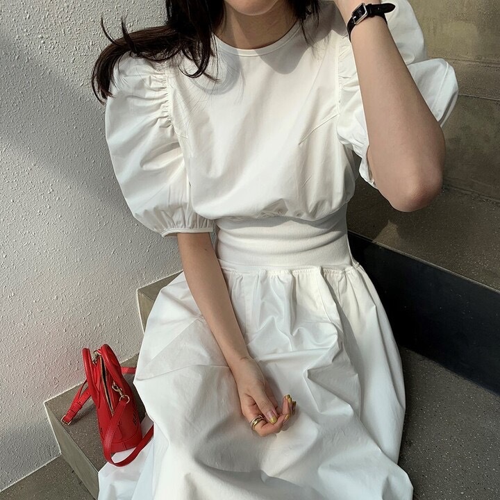 ワンピース ロングドレス 5分袖 パフスリーブ ラウンドネック Aライン コットン かわいい